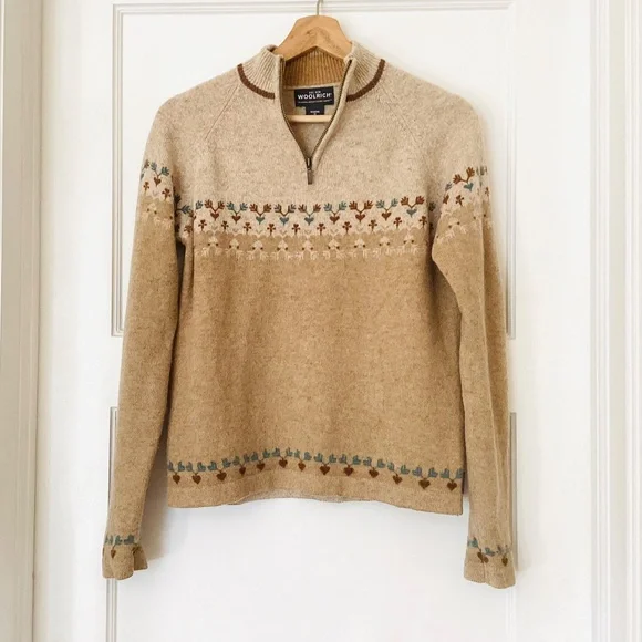 𝅺Woolrich Women’s Lamb’s Wool 1/4 zip Sweater M Raglan Skiing Fair Isle Camel - Picture 2 of 12